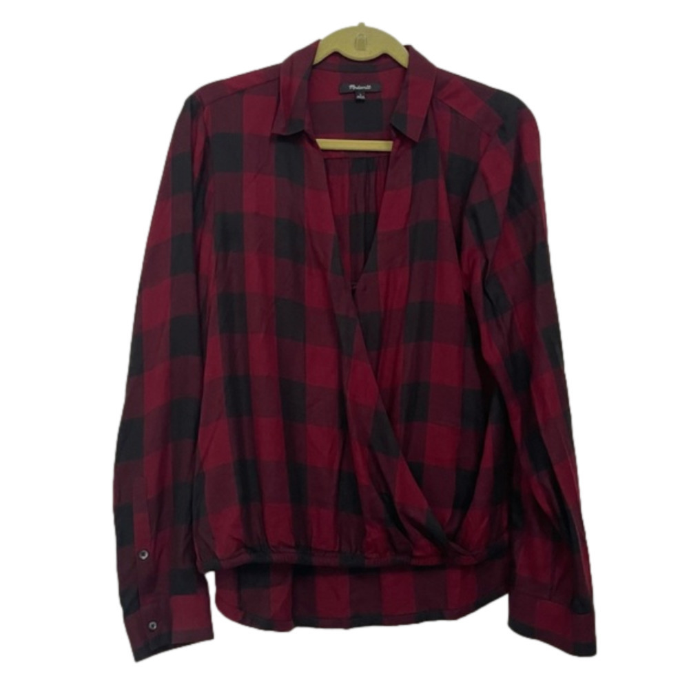 Madewell black and red plaid high low blouse size L